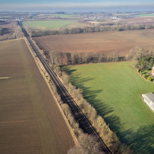 Transpennine Route surrounded by green fields ariel shot