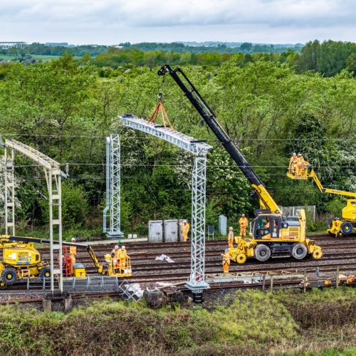 Signal gantry being installed