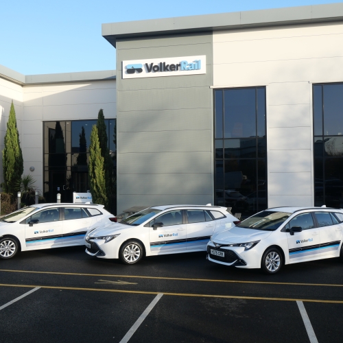 three self charging cars outside VolkerRail's office
