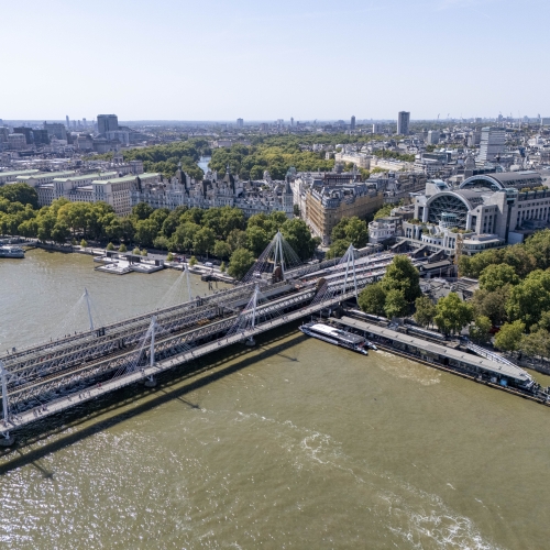Arieal shot of Waterloo station and bridge in London