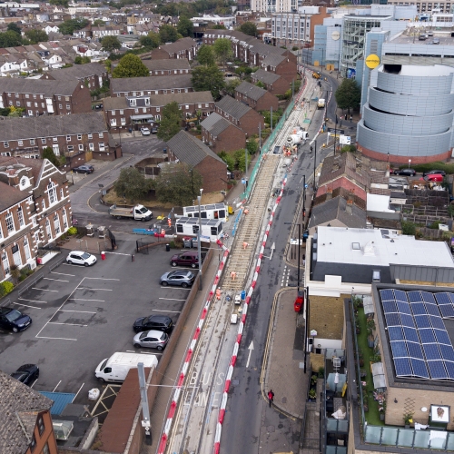 arieal image showing work on London Trams