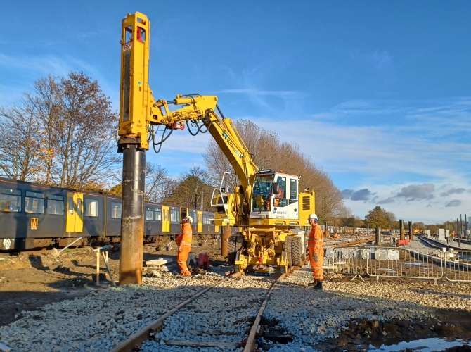 Gosforth depot with a RRV machine piling a steel circular pile