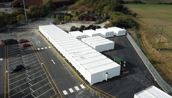 Ariel shot of white site cabins 