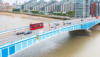 Traffic on a bridge crossing a river