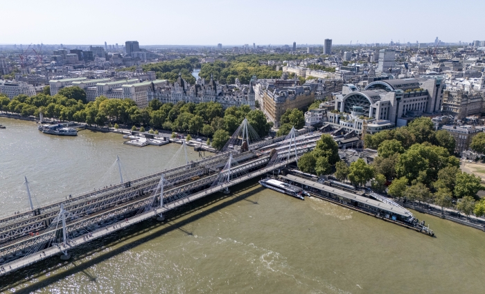 Arieal shot of Waterloo station and bridge in London