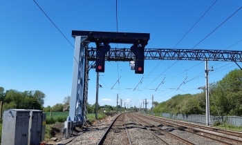 Signal at Warrington with blue sky