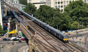 arieal of a train on track in london