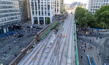 Arieal shot of track renewals at Charing Cross