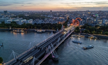 Arieal shot of track renewals at Charing Cross and Waterloo East at dusk