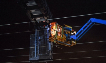 Signalling gantry installation at Whitmore, picture 6, 22nd February 2014.jpg