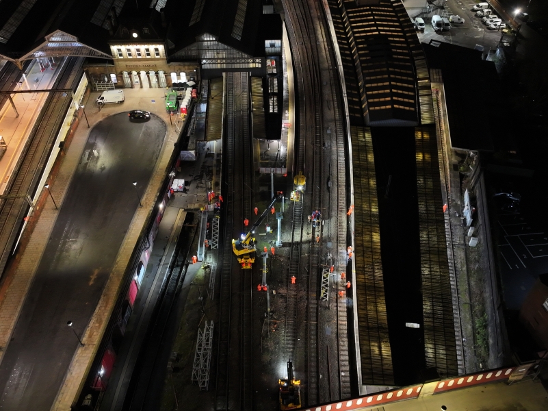 aerial image of signalling gantry installation