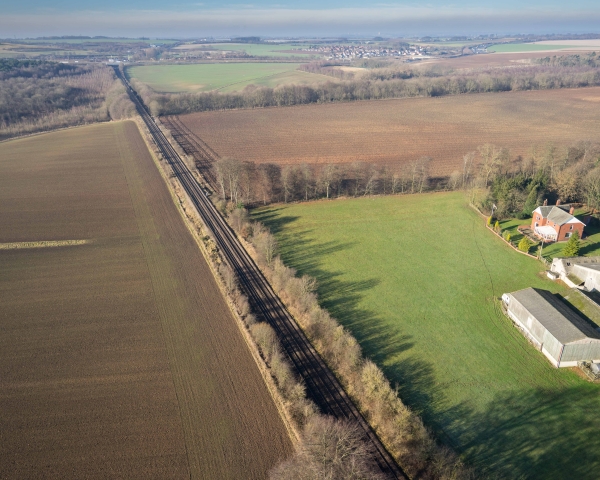 Transpennine Route surrounded by green fields ariel shot