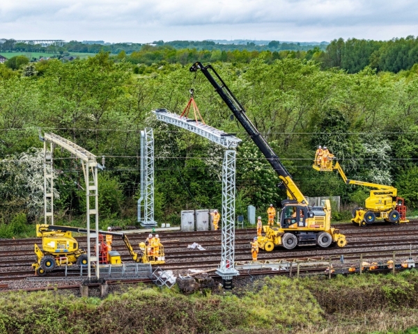 Signal gantry being installed