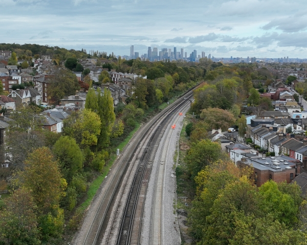 Aerial view of track between Honor Oak Park and Brockley looking north