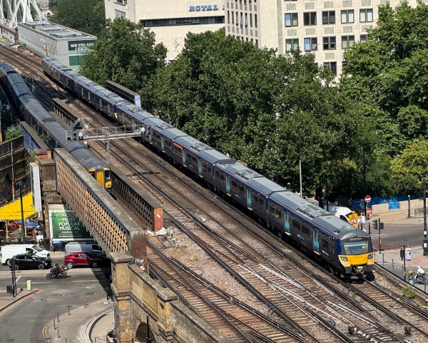 arieal of a train on track in london