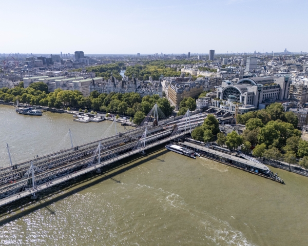 Arieal shot of Waterloo station and bridge in London