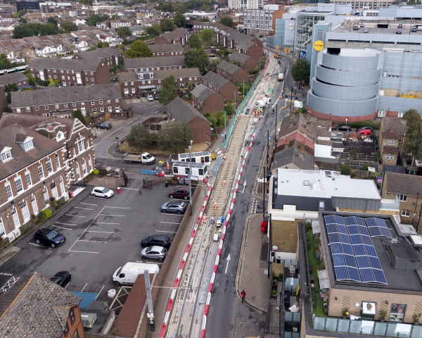 arieal image showing work on London Trams