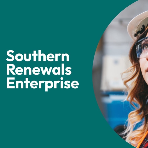 brand logo and women staring up in PPE