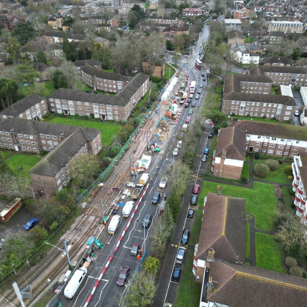 arieal image showing Croydon Tram