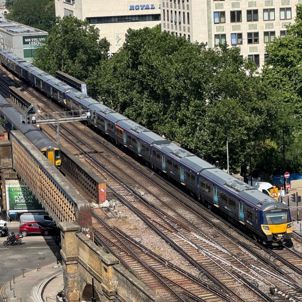 arieal of a train on track in london