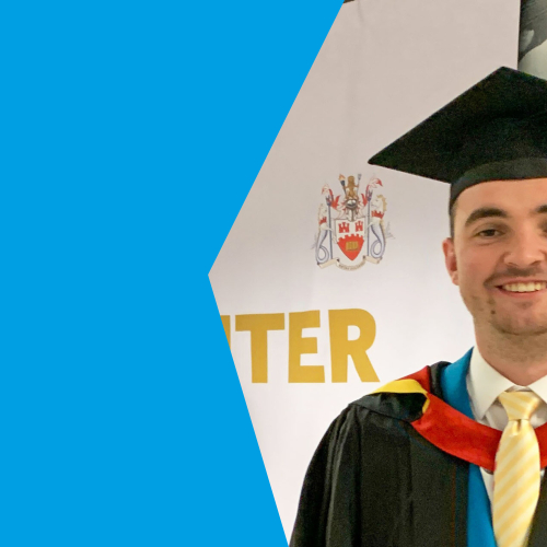A young man in his graduation cap and gown
