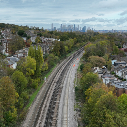 Aerial view of track between Honor Oak Park and Brockley looking north