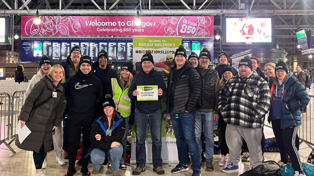 Big station sleepout, group of people gathered in a train station