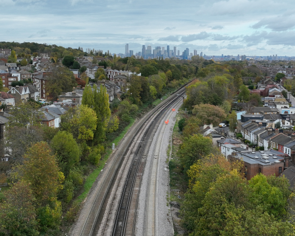 Aerial view of track between Honor Oak Park and Brockley looking north