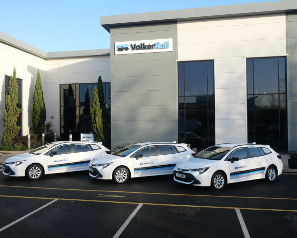 three self charging cars outside VolkerRail's office