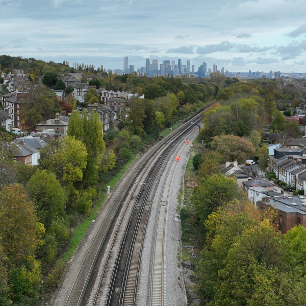 Aerial view of track between Honor Oak Park and Brockley looking north